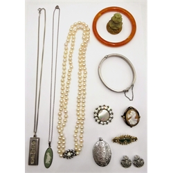  Double strand pearl necklace, silver bangle, pendant locket and ingot hallmarked, cameo brooch, marcasite ear-rings etc  