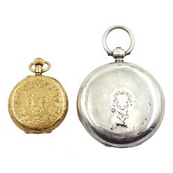 Swiss 18ct gold gold keyless cylinder fob watch, stamped 18K with Helvetia head and a silver keyless lever pocket watch, No. 16081black enamel dial numbered 41000, case makers mark JW, London 1927