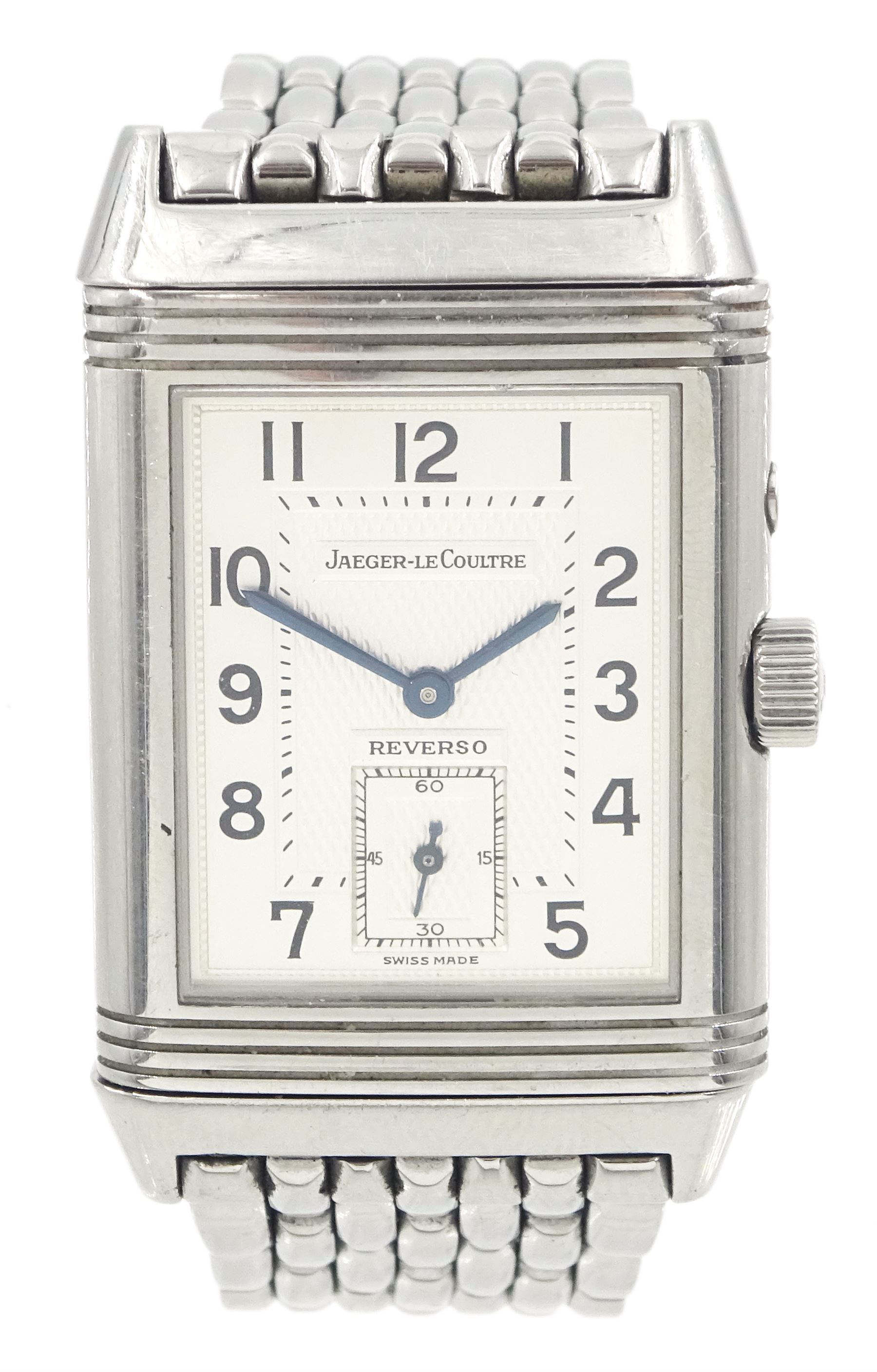 Jaeger-LeCoultre Reverso Duoface Night & Day gentleman's stainless steel manual wind wristwatch, Ref. 270.8.54, silvered dial with Arabic numerals with subsidiary seconds dial, reversing to a second black engine turned dial, Arabic and dagger numerals, subsidiary day/night dial, on Jaeger-LeCoultre stainless steel bracelet, boxed with service papers dated 2019 and 2020 and additional links