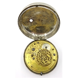  George III silver pair cased pocket watch by Thomas Woodward, London no 517, London 1809, outer case London 1818, with key  
