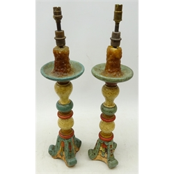  Pair of polychrome painted Table Lamps, on scroll carved bases, with shades, H55cm (2)  