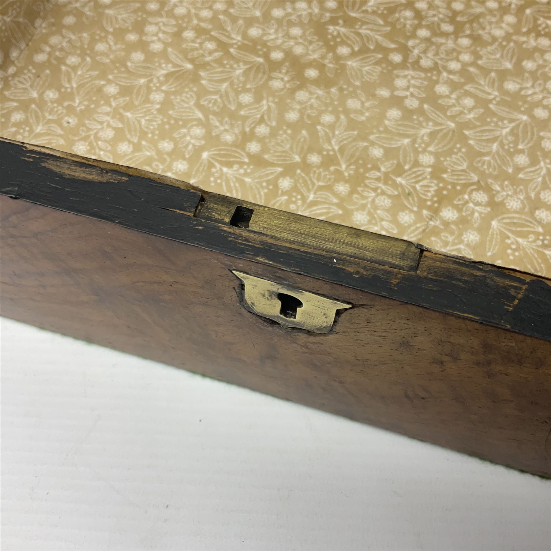 Victorian walnut and parquetry banded work box with brass shield and escutcheon, L30cm, together with mahogany writing slope with green baize writing surface, L35cm