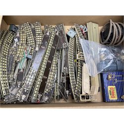 Hornby Dublo - large quantity of three-rail track; two railers; footbridge; type 00/1 power controller etc; and small quantity of unboxed and playworn Dinky die-cast models including RAF Pressure Refueller No.642, four aircraft etc