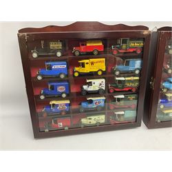 Set of eight wall mounting die-cast model display cabinets, each with hinged glazed door and containing fifteen modern promotional commercial vehicles by Corgi, Days Gone, Lledo, Oxford etc in fitted compartments; total models one-hundred and twenty 
32 x 33cm (8)
