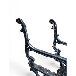 Carron Foundry - two pairs of 19th century cast iron garden bench ends, ornate detail with arms and X shaped legs,finish in black paint, the design no. 110396, first registered 13 July 1857 (see illustration), width as desired