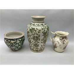 Large stoneware vase of baluster form decorated with green foliate design on white ground,  oriental jardinière decorated with blossom upon green ground, with character mark beneath, stoneware jar, wash jug etc, tallest 44cm