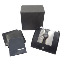 Rado Diastar ceramic wristwatch, Ref. 129.0301.3, on ceramic bracelet, boxed and a Rado Jubilé wristwatch, Ref. 129.3577.4N, diamond set dial, on original black leather strap with buckle, boxed with papers and guarantee dated 1990
