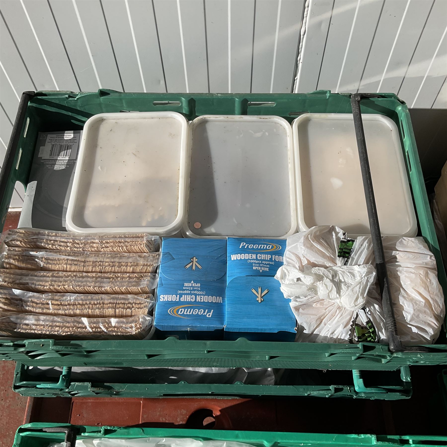 Various takeaway food containers, plastic cups, wooden stirrers, forks, sauce pots and other in 6 trays with dolly - THIS LOT IS TO BE COLLECTED BY APPOINTMENT FROM DUGGLEBY STORAGE, GREAT HILL, EASTFIELD, SCARBOROUGH, YO11 3TX