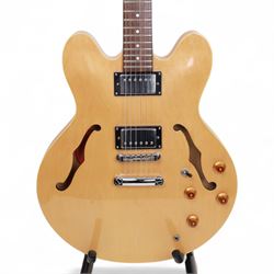 Epiphone DOT by Gibson semi-hollow electric guitar, serial no. S020510207 made in Korea circa 2002, laminated maple body in blonde finish, in Warwick Rockbag soft case, guitar L107cm