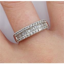 White gold princess cut and round brilliant cut diamond, three row half eternity ring, stamped 14K