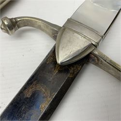 French 1st Empire Superior Cavalry Officer's sword, possibly by Hoppe, the 73cm slightly curving fullered blade with engraved decoration and remains of bluing and gilding, silver plated brass hilt with reeded knucklebow, triangular langets and mother-of-pearl grips; in silver plated brass scabbard with two suspension rings L91cm overall