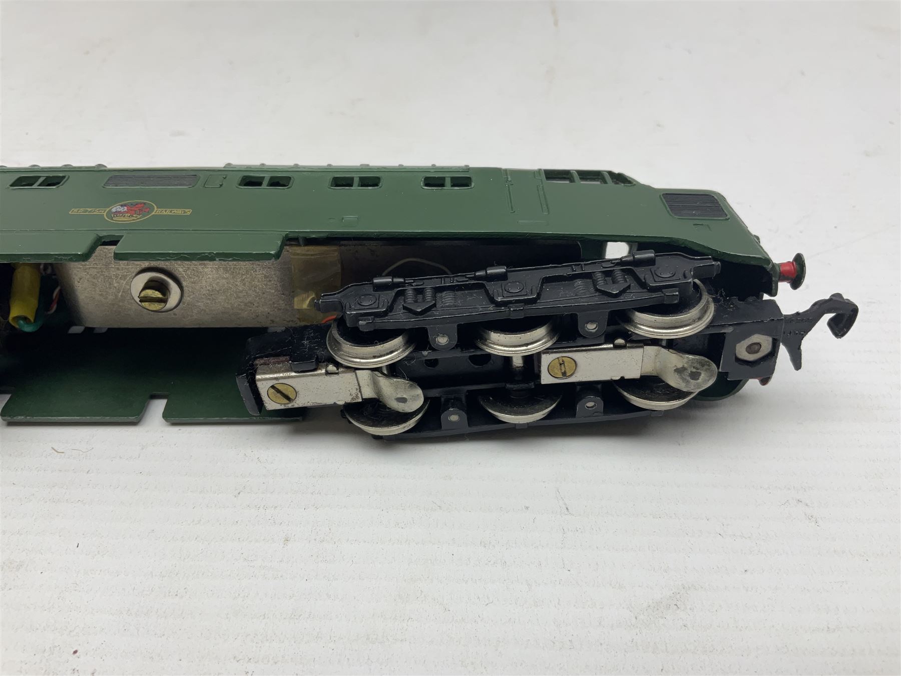 Hornby Dublo - three-rail - Deltic Type Diesel Co-Co locomotive with instructions and guarantee; and Class 20 1000 B.H.P. Bo-Bo Diesel Electric locomotive No.D8000; both in BR green; and each in original blue striped box (2)

