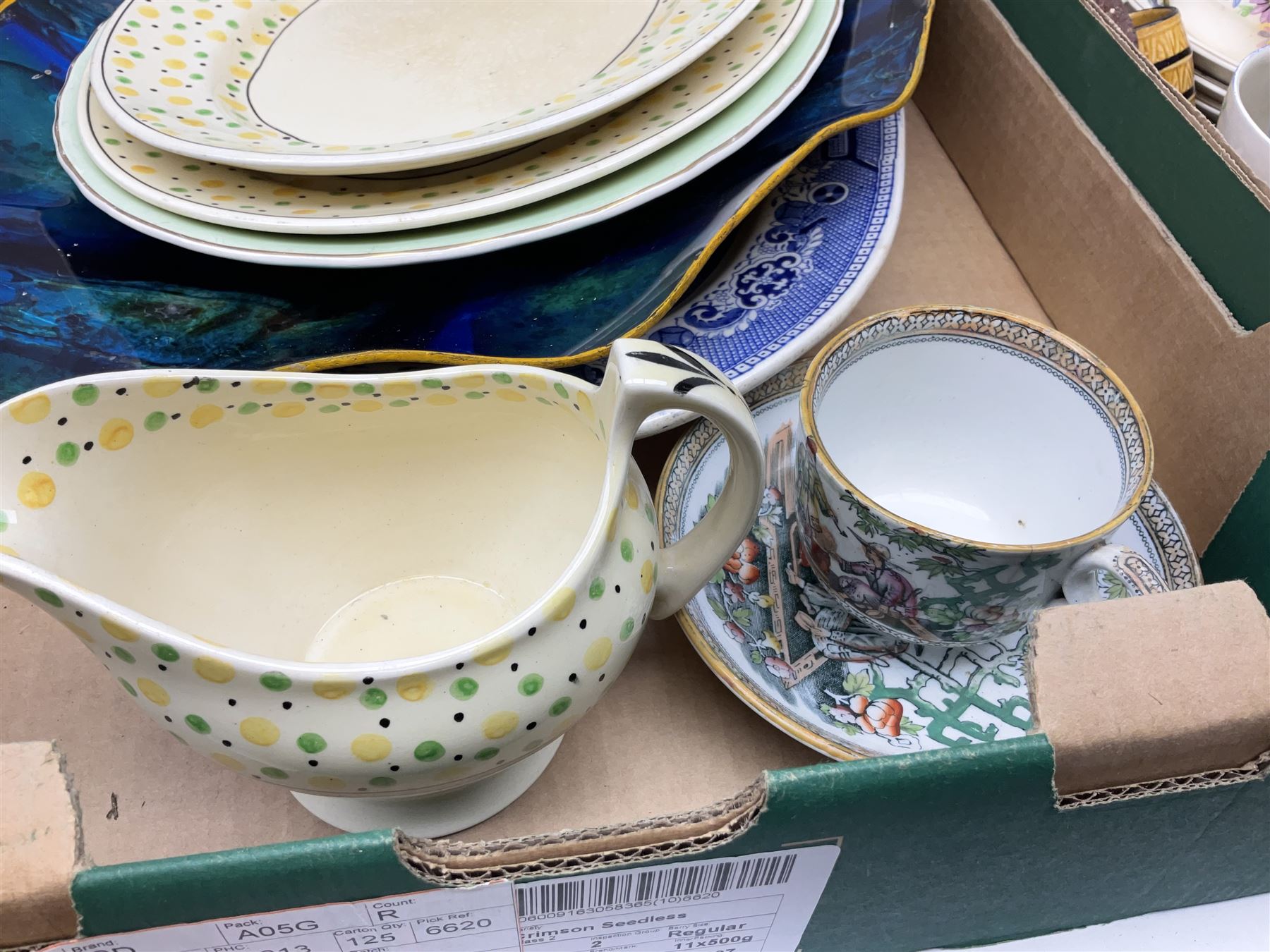 Large quantity of Victorian and later ceramics to include Spode Velamour twin handled vase, Bavaria Schumann Arzberg large circular stand and vase, Beswick Ware,  Spode, blue and white, Hanley and G Meakin, tea wares, figures, West German vase etc in six boxes