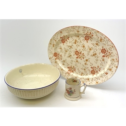 A large Copeland Spode bowl with bamboo detail to the outer sides, D38cm, together with a large Ridgway Perisa pattern platter, L55.5cm, and oval twin handled bowl and cover, plus a frog mug decorated with transfer printed floral sprays, H11cm. 