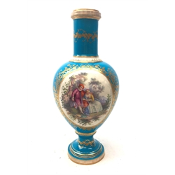  19th century French porcelain baluster vase painted with a courting couple scene and precious objects verso, gilt detailing on blue ground, H37cm   