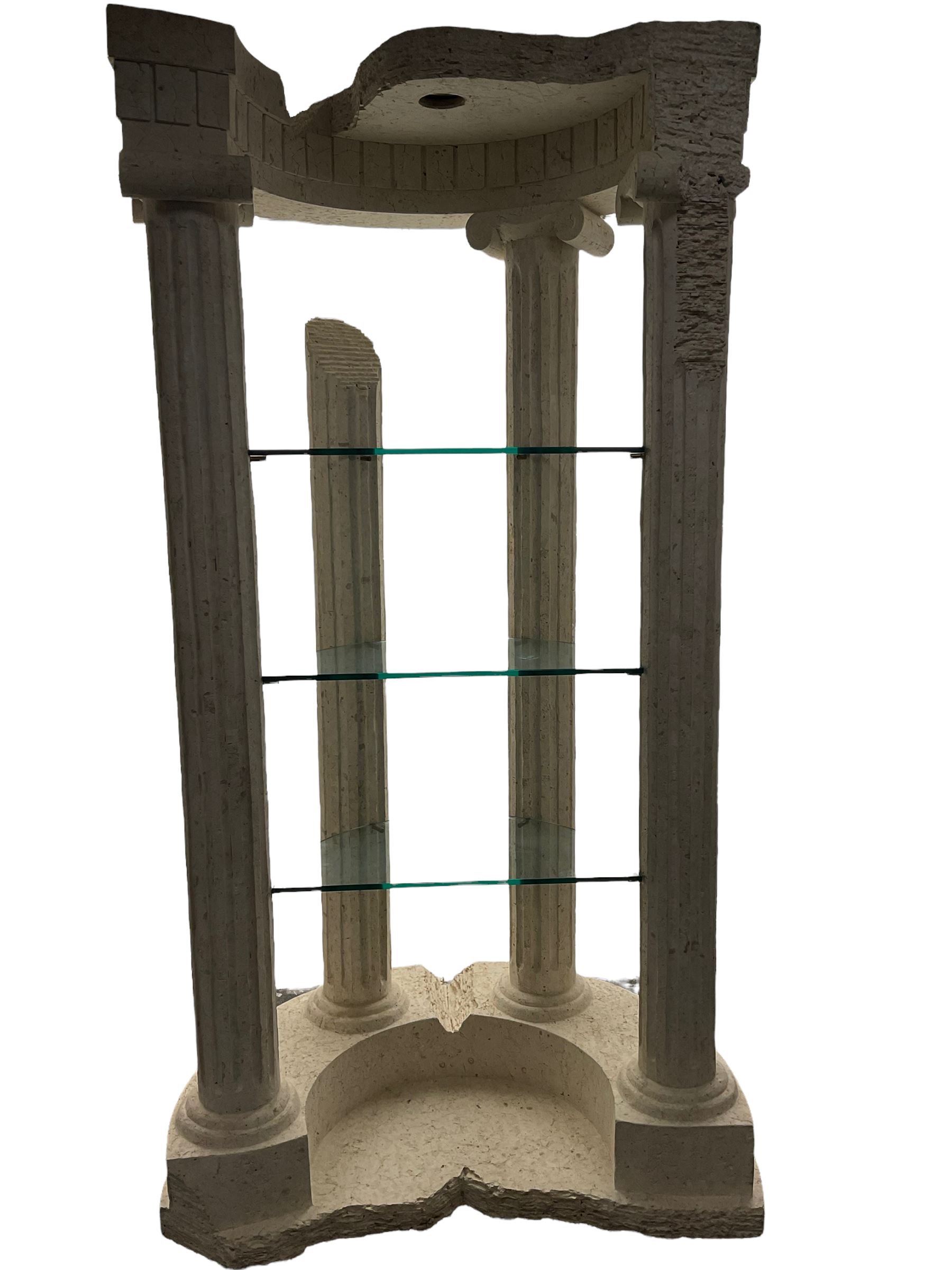 Cast architectural stone effect column display stand, fitted with three glass shelves 