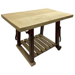 Kitchen island with rectangular maple top, on reclaimed machinery base with oak pot board, on block sledge feet