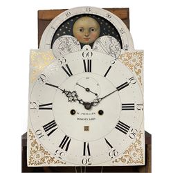 W. Phillips of Bromyard - 8-day mahogany longcase with a painted moon roller dial, c 1790,
swans neck pediment with dog tooth moulding, raised carving and  brass paterie, break arch hood door beneath flanked by reeded pilasters with brass Corinthian capitals, trunk with a blind fret, reeded quarter columns and long wavy topped door,
Plinth with a deep moulding and canted corners raised on a shaped base, painted dial with gesso spandrels, Roman numerals, five minute Arabic's and minute dots, with steel hands, seconds dial and square date aperture, dial pinned to a rack striking movement with an anchor escapement, striking the hours on a cast bell. A clockmaker by the name of John Phillips is recorded as working in Bromyard (Worcs)  in the early to mid 18th century, certainly by 1770-90. W. Phillips was possibly an unrecorded son or brother also working in the same family clockmaking business during the later part of the 18th century.

