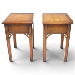 Pair of mahogany bedside tables, with quarter galleried top, single drawer with brass swan neck handle, pierced spandrels on fluted square supports  