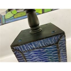Tiffany Pond Lily style table lamp and shade with leaded panels of green, pink and rippled blue water effect ground, raised upon brushed metal base, H50cm