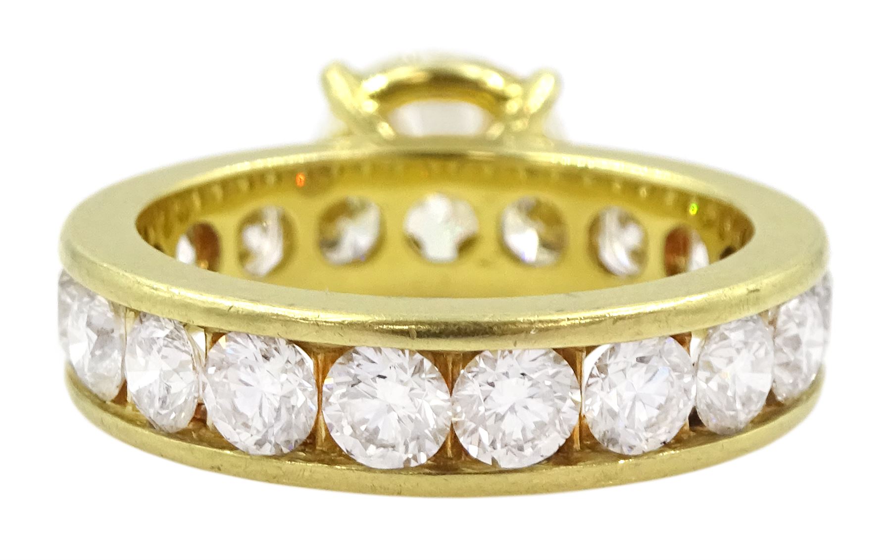 18ct gold single stone old cut diamond ring of approx 2.80 carat, with eighteen round brilliant cut diamond set shank of approx 3.00 carat, total diamond weight approx 5.80 carat