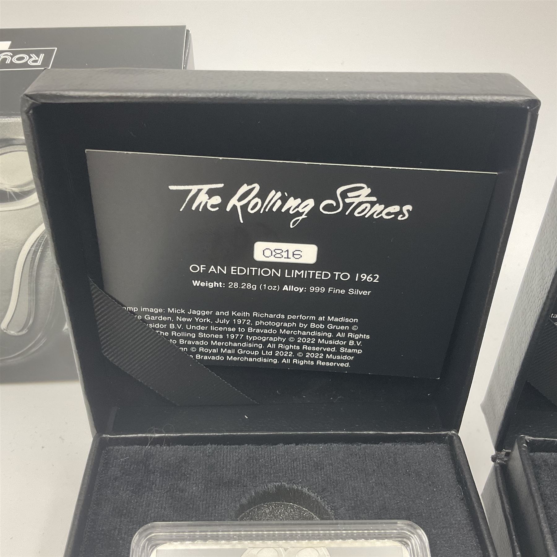Two Royal Mail 'The Rolling Stones 60th Anniversary' fine silver stamp ingots, cased with certificates 