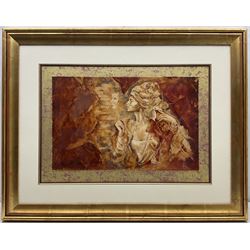 Joy Kirton Smith (British Contemporary): ‘Faces and Masks I & II’, pair printer's prof silkscreen prints on canvas signed and numbered 1/10, 37cm x 57cm (2) 