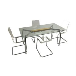 Polished metal, glass and wooden extended x-framed dining table, and set four clear acrylic cantilever chairs