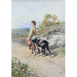 Attrib. Myles Birket Foster (British 1825-1899): Girl and Goat on Country Lane, watercolour signed with monogram, attributed on mount 17cm x 12cm