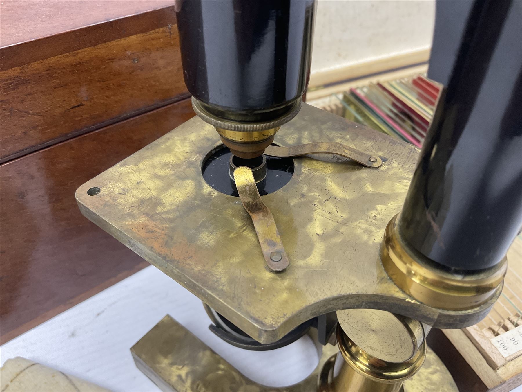 R & J Beck London microscope, model 7597, contained in fitted case, together with a boxed collection of glass microscope biological sample slides