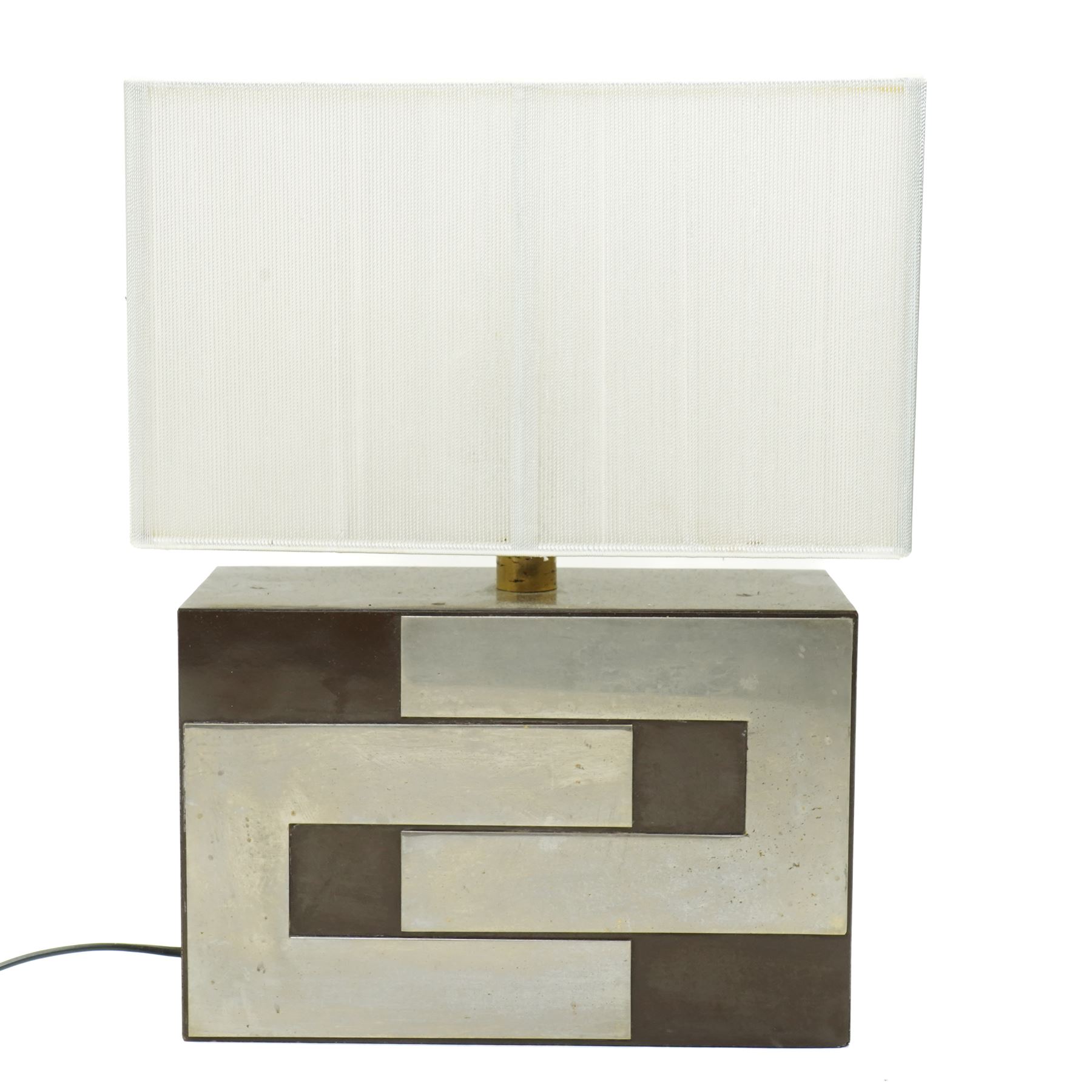 Modernist table lamp of rectangular form in silver and gold tones with shade H38cm and a chromium table lamp of double globe form H27cm (2)
