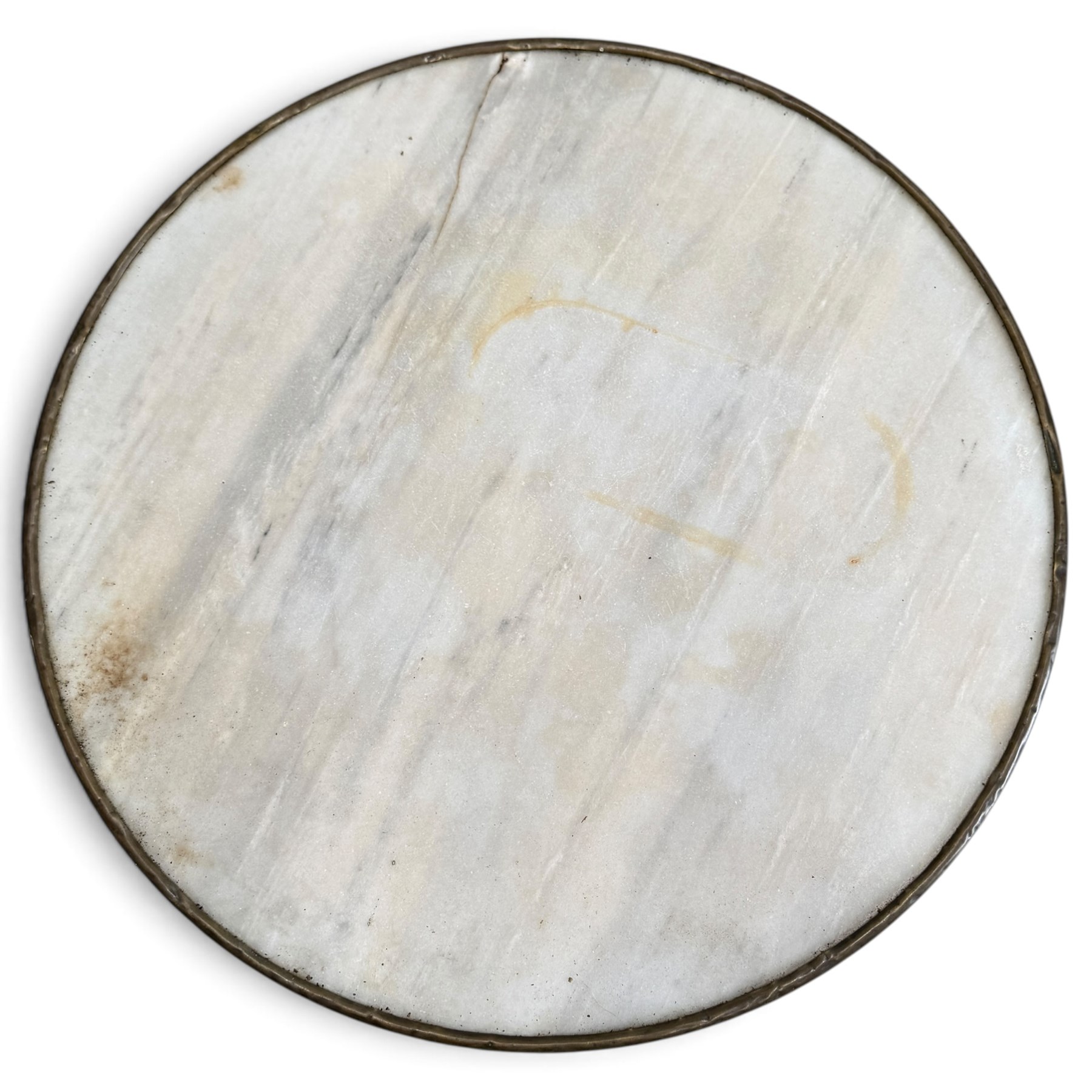 19th century French Arras design garden or bistro table, circular marble top with copper edge, raised on wrought iron triform base, in white painted finish