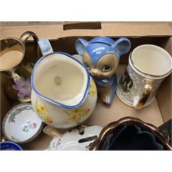 Two boxes of ceramics to include Beswick copper lustre vase, glassware, metal ware etc