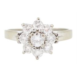 18ct white gold seven stone round brilliant cut diamond cluster ring, stamped 750, total diamond weight approx 0.55 carat