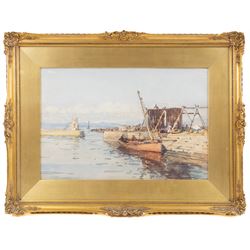 Robert Weir Allan (Scottish 1852-1942): 'Dunure Harbour' looking to Arran, watercolour signed, titled verso 33cm x 49cm 