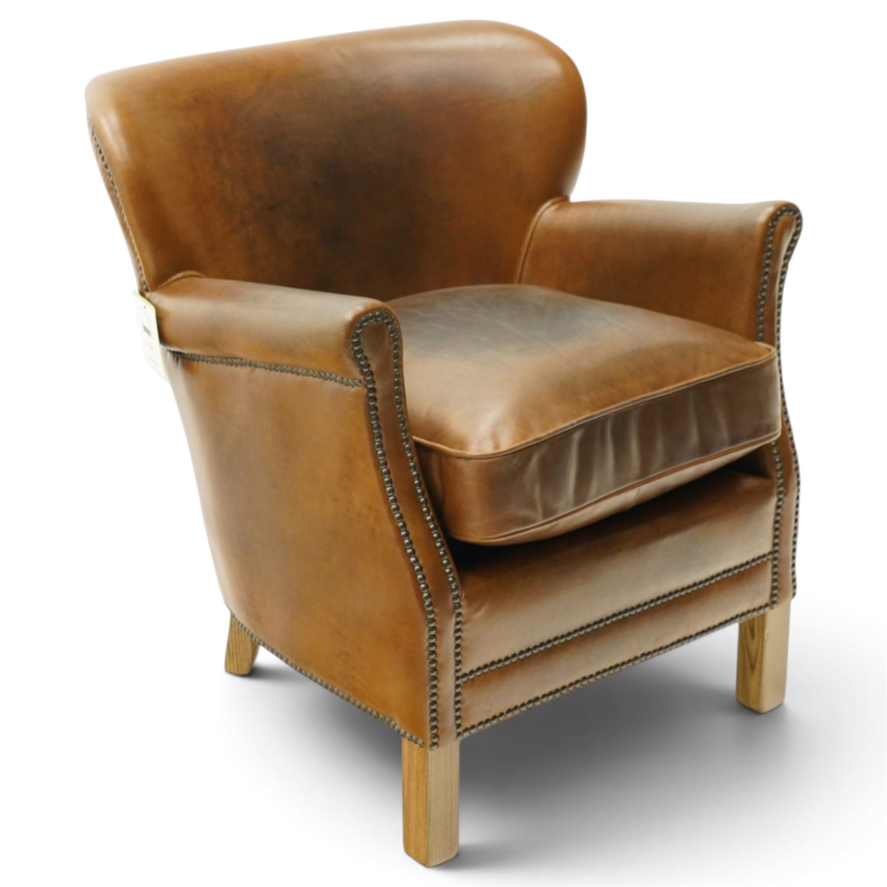 Halo - traditional tub design 'Cosy' club armchair, rolled arms with studwork terminals, upholstered in deep tan leather with loose seat cushion, on square supports