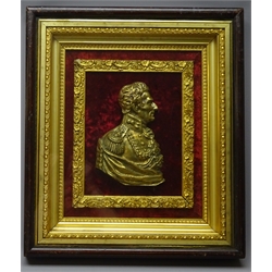  Cast brass head and shoulder profile bust of Wellington in simulated rosewood and gilt recessed frame with maroon velvet ground H42cm  