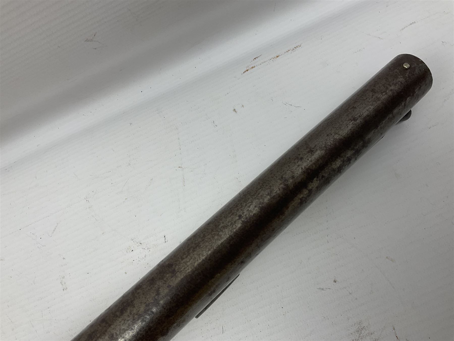 19th century take down 'cripple stopper' single barrel percussion gun, removable walnut stock with bayonet style fitting, chequered grip and fore-end, approximately 8-bore, the 59.5cm (23