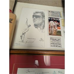 Collection of signed International cricket memorabilia, mostly relating to West Indies, including Curtly Ambrose and Brian Lara prints, Shane Warne and Glen McGrath last test souvenirs, signed Zimbabwe 2003 tour cricket bat, etc