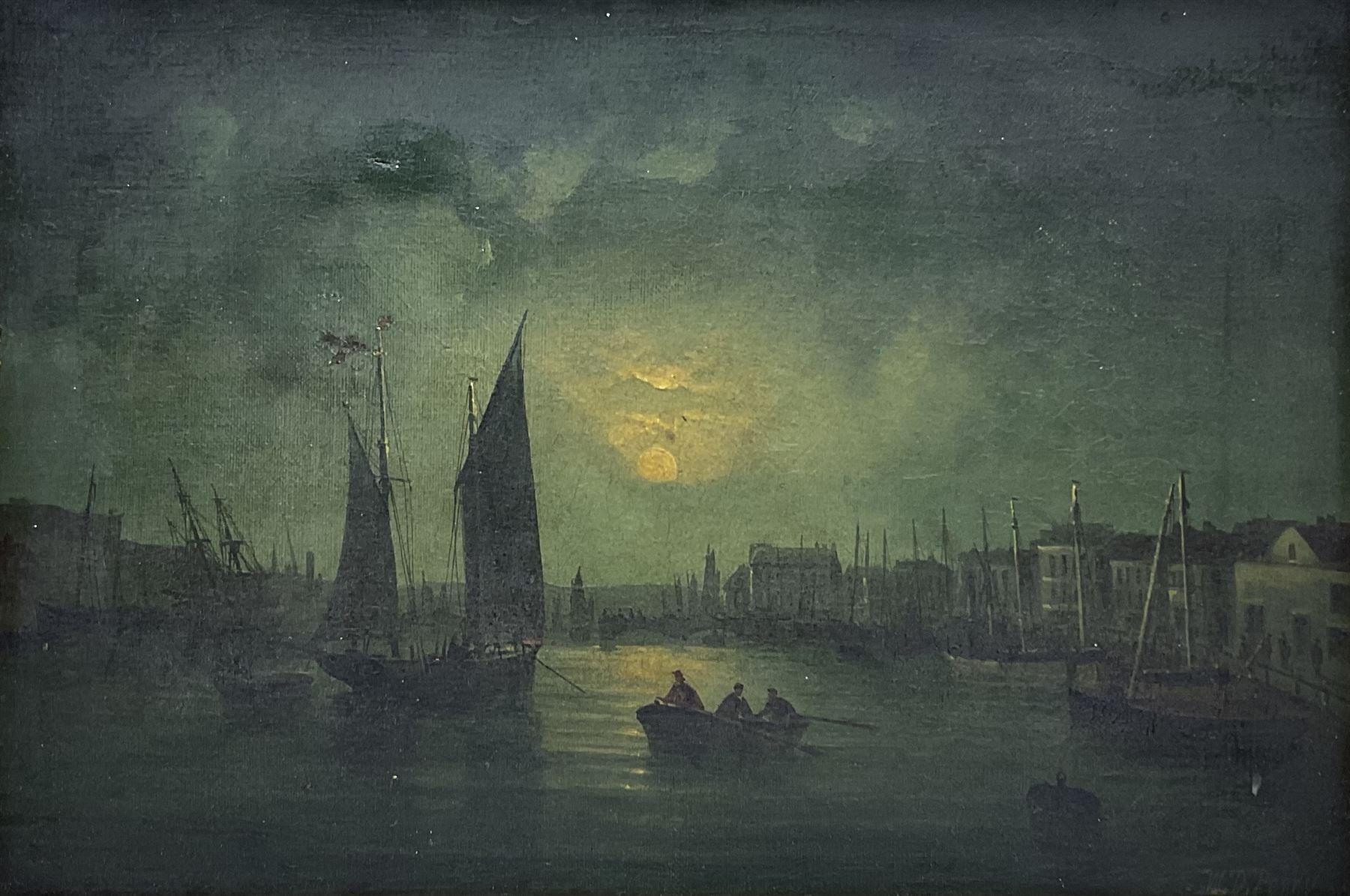 William Daniel Penny (British 1834-1924): Whitby Harbour by Moonlight, oil on canvas signed and dated '99, 22cm x 32cm
Notes: Penny was born in Caistor Lincolnshire but was listed in the Hull directories from 1869 as a Marine artist living in the City until the turn of the century when he became publican of the 'Artist's Rest' in Cross St., Aldborough, East Yorkshire
