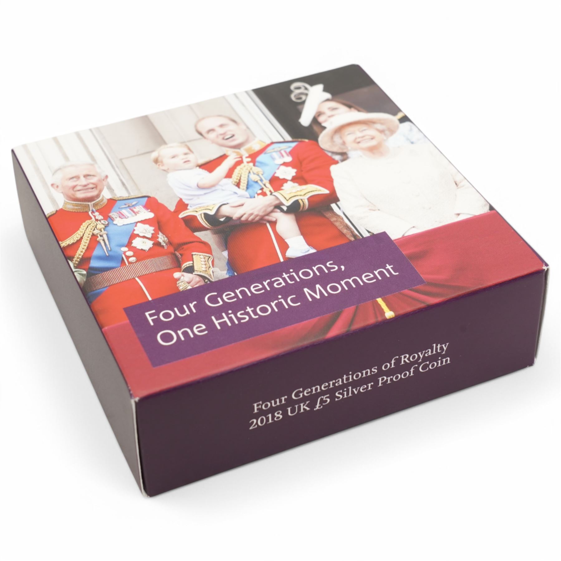 Four The Royal Mint United Kingdom silver proof five pound coins, comprising 2013 'The Christening Of HRH Prince George Of Cambridge', 2013 'The Royal Birth', 2014 'The First Birthday Of HRH Prince George Of Cambridge' and 2018 'Four Generations of Royalty', all cased with certificates