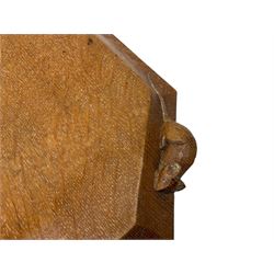 Mouseman - adzed oak breadboard, canted rectangular form with moulded edge carved with mouse signature, by the workshop of Robert Thompson, Kilburn, W31cm D26cm