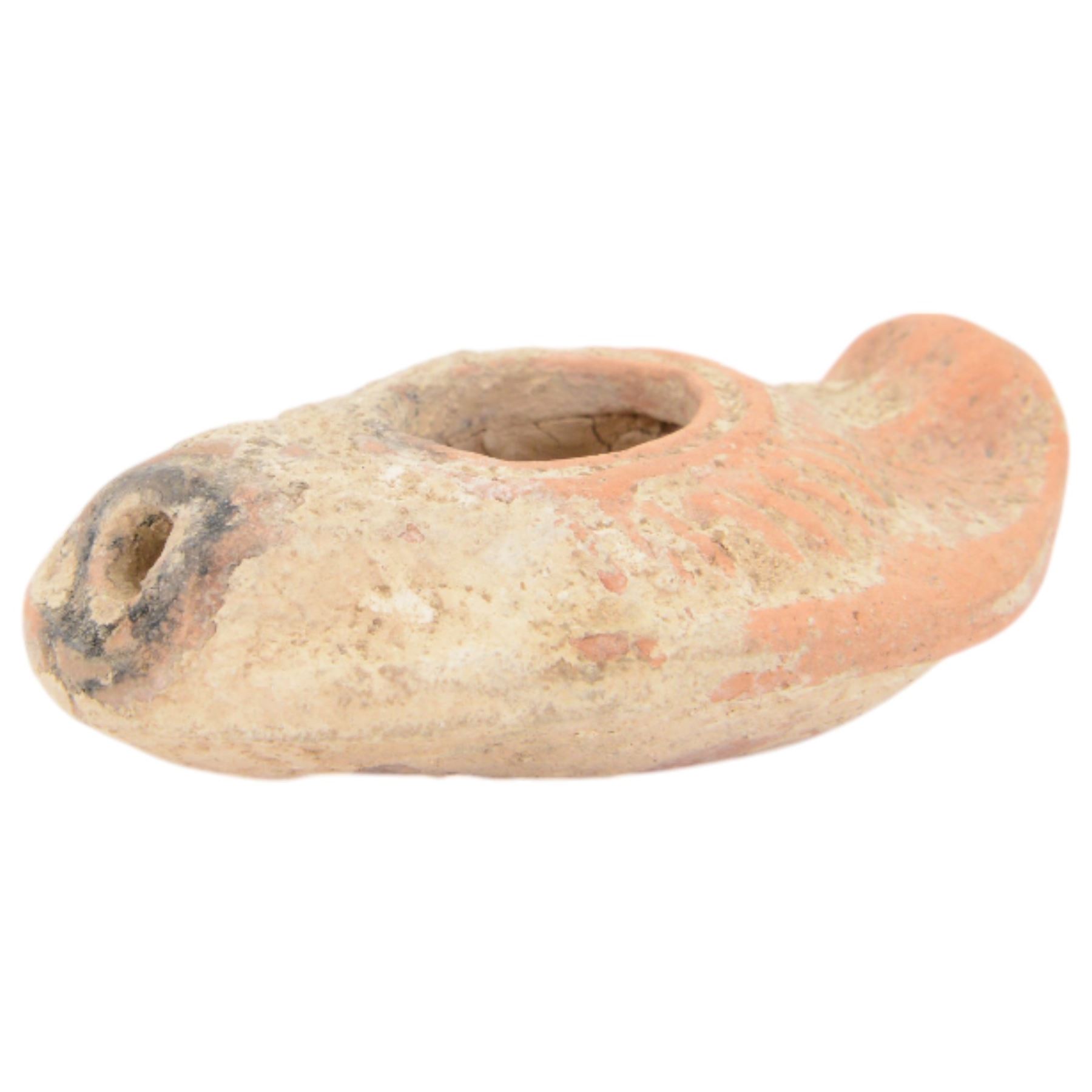 Antiquities; two decorative terracotta Byzantine oil lamps, 4th - 5th century, with decorative spouts, together with two similar examples