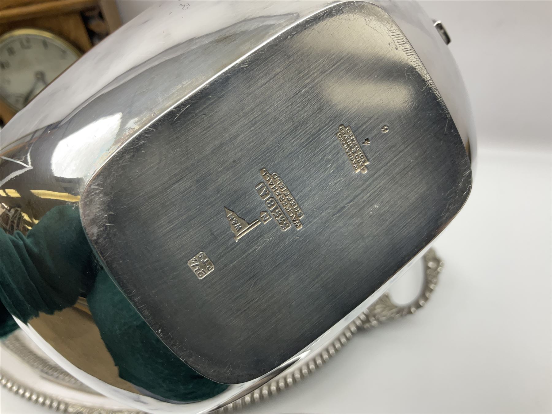 Walker and Hall silver plated tea set, comprising coffee pot, teapot, milk jug and sucrier, together with silver plated tray and a wooden clock with barley twist decoration, clock H28cm