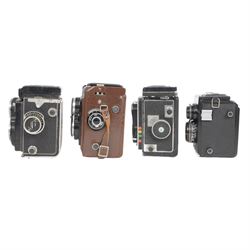 Four medium format TLR cameras, comprising Zeiss Ikon Ikoflex serial no. TD17003 with Tessar 1:3.5 f=7.5cm and Teronar Suchar-Anastigmat 1:3.5 f=7.5cm lenses, Franke & Heidecke Rolleiflex serial no. 1164037 with Tessar 1:2.8 f=80mm and Heidoscop-Anastigmat 1:2.8 f= 80mm lenses, Yashica-Mat Copal MXV serial no. MT 2050640 with Yashinon 1:3.5 f=80mm and View-Yashinon 1:3.2 f=80mm lenses and a Lomo Lubitel 166B serial no. 83169658 with T-22 4.5/75 lenses