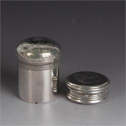 Late Victorian silver jar with cover, of cylindrical form with  domed cover engraved with initials, hallmarked Charles & George Asprey, together with a small ecclesiastical trinket box, engraved with cross to cover and with personal engraving beneath, hallmarked Edgar Ernest Davis, London 1944, taller jar H6cm