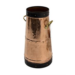 20th century copper milk churn, of tapering cylindrical form with applied brass twin handles and darkened banded rim and base