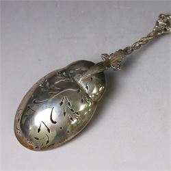 Late Victorian apostle topped sifting spoon, the finial depicting St Christopher, with entwined serpent handle and pierced gilt bowl, hallmarked Mappin & Webb, London 1890, in fitted retailers box for Catchpole and Williams Ltd