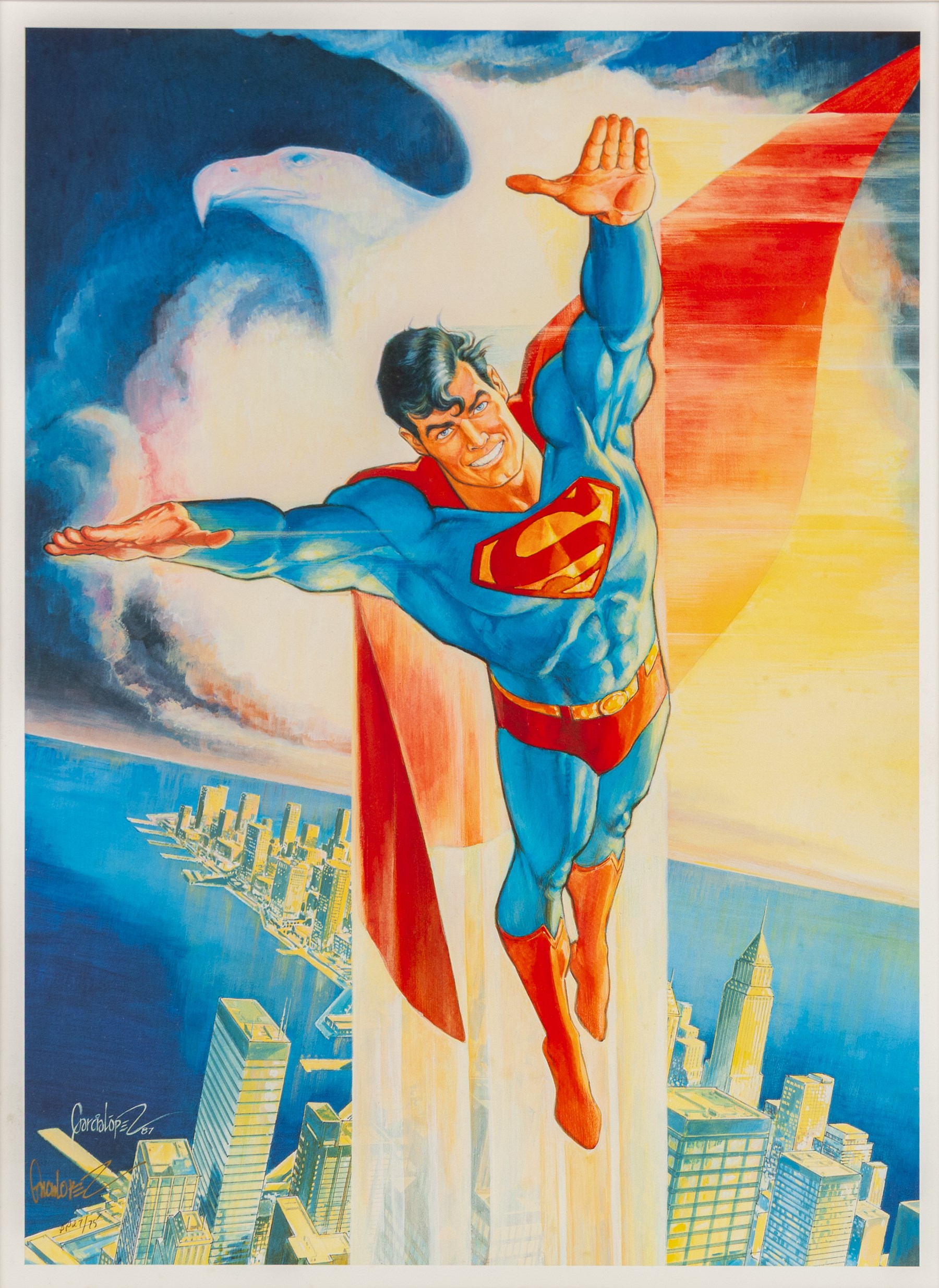 Two limited edition signed prints, comprising 'Batman: The Golden Years', signed to bottom right corner by Batman co-creator Bob Kane, printer's proof no. 87/100, released to commemorate Batman's 50th Anniversary and 'Superman: The Soaring Eagle', signed to bottom left by Jose Luis Garcia-Lopez, released to commemorate Superman's 50th Anniversary, artwork largest H50cm, W40cm, framed