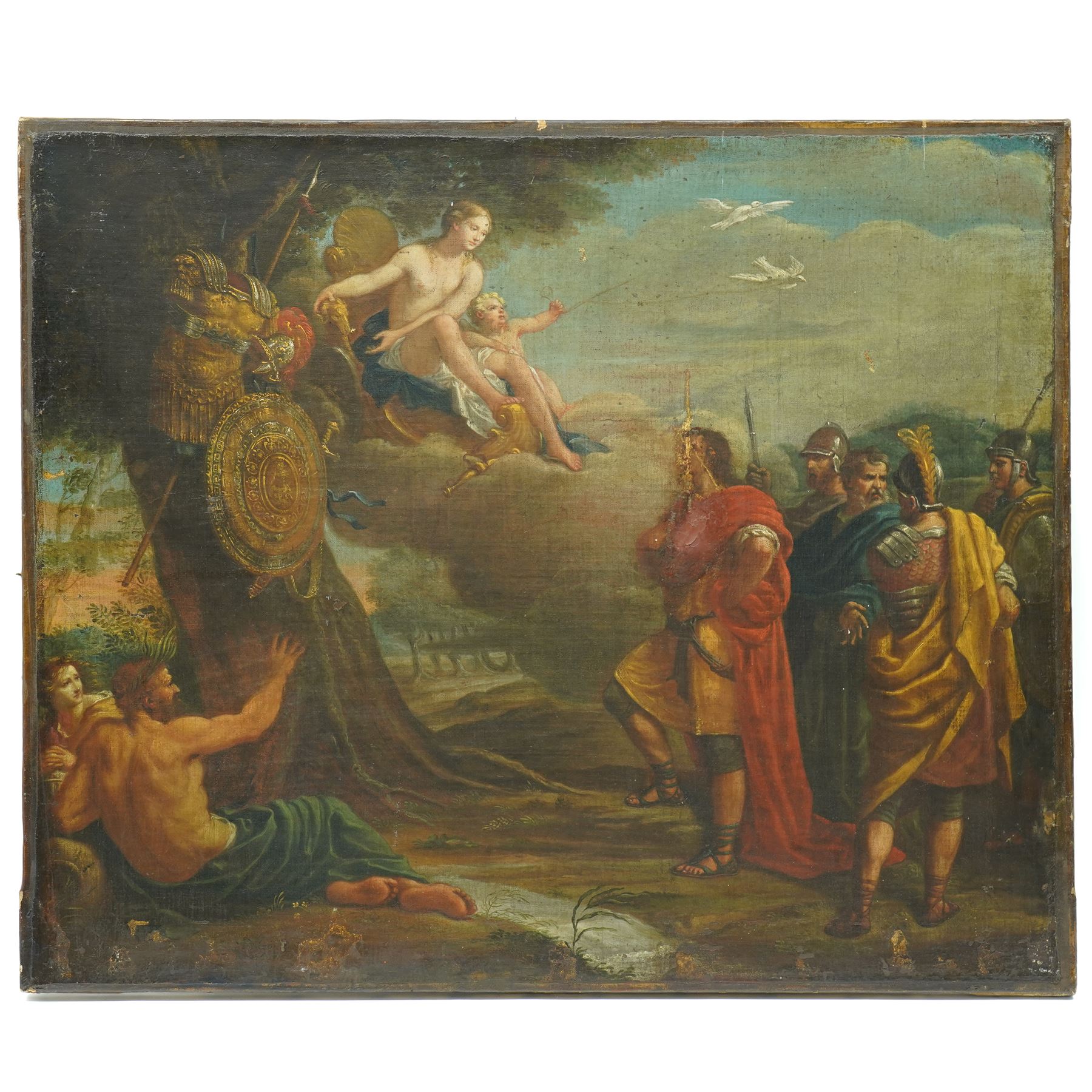 Circle of Pompeo Girolamo Batoni (Italian 1708-1787): 'Venus Presenting Aeneas with Armour' and 'Aeneas slaying Turnus', pair 18th century oils on canvas unsigned 64cm x 76cm (2)
Notes: both paintings depict iconic scenes from Virgil's Aeneid - the former illustrating Book VIII, with Venus descending upon a cloud accompanied by Cupid to present the divine arms forged by Vulcan, as Aeneas and his companions look on. The second depicts the climactic duel from Book XII, with Aeneas poised to deliver the fatal blow to Turnus before the assembled armies.